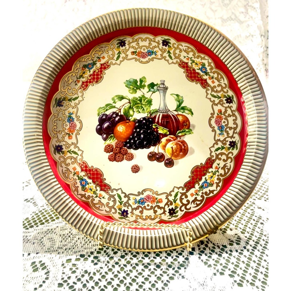 Vintage Metal/Tin Daher Fruit and Floral Tray, striped, metallic
